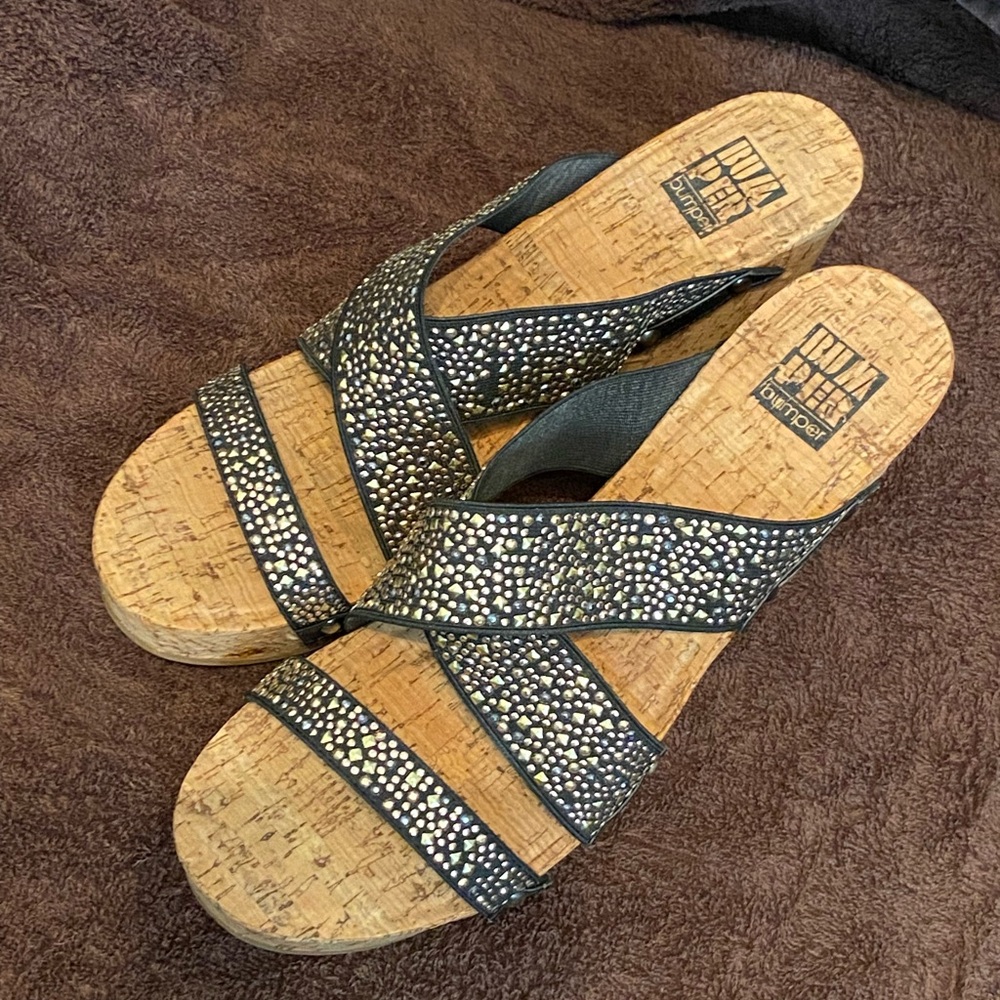 Bumper Black Cork Wedge Sandals with Sparkling Accents
